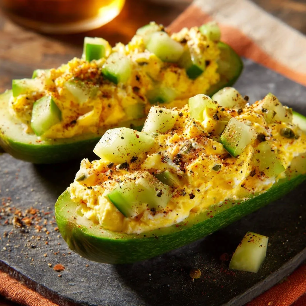 Zucchini egg salad boats stuffed with creamy egg salad and topped with fresh cucumber and seasoning.