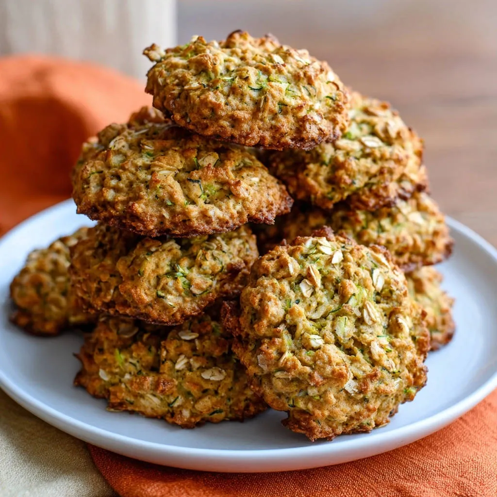 Zucchini oat breakfast bites stacked high on a white plate, showcasing their textured surface.