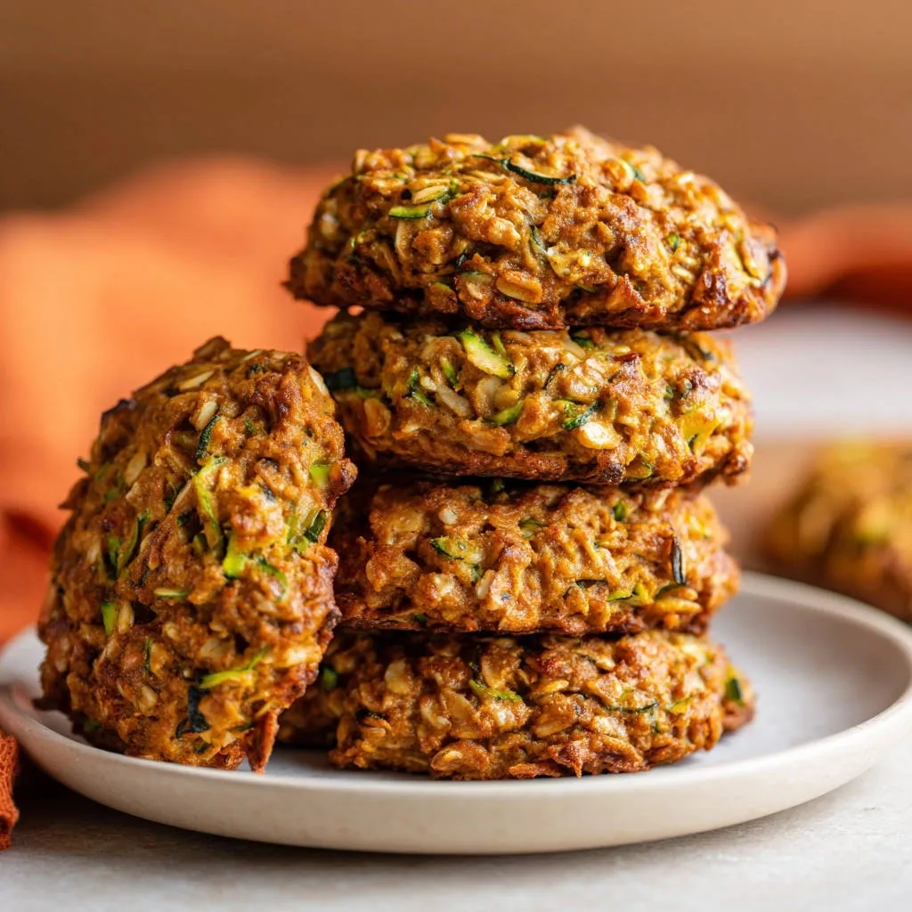 Zucchini oat breakfast bites stacked on a white plate, showcasing their moist texture and golden-brown exterior.