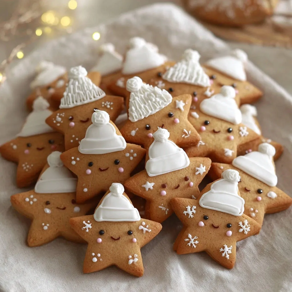 Adorable gingerbread stars decorated with white icing hats and sweet faces, arranged in a pile.