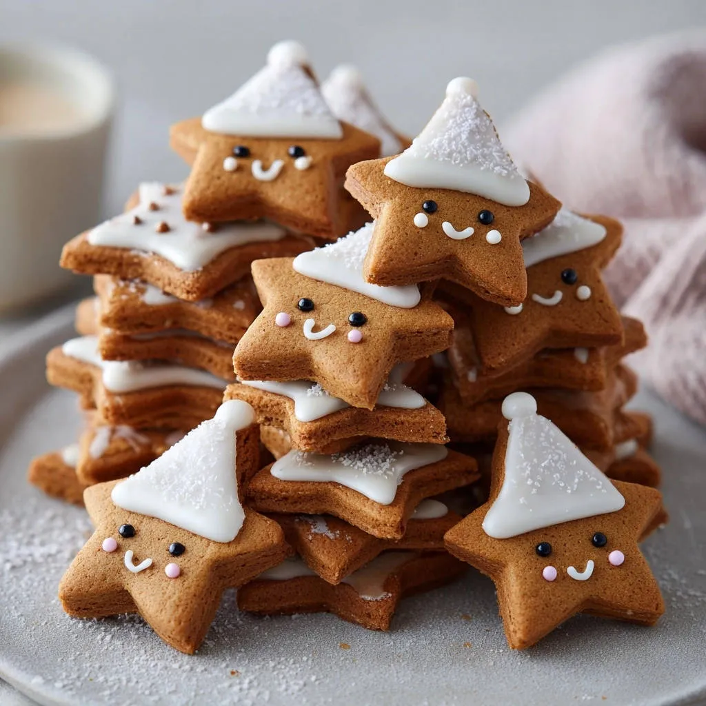 Adorable gingerbread stars, decorated with icing faces and hats, are stacked in a delightful pile.