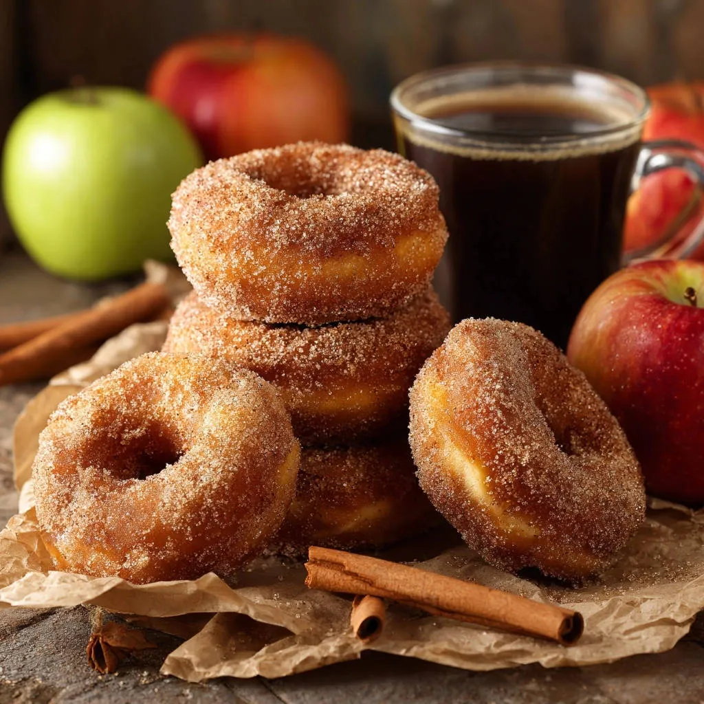 Homemade apple cider donuts are stacked and coated in cinnamon sugar, with a mug of coffee and apples in the background.