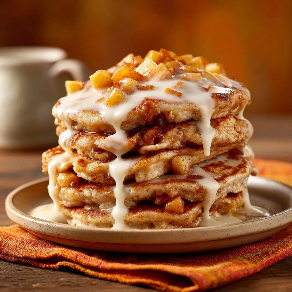 Apple cinnamon pancakes, a fluffy stack drizzled with sweet glaze and topped with diced apples.