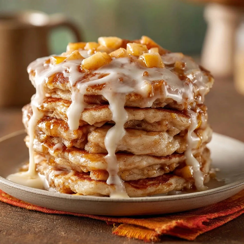 Apple cinnamon pancakes topped with a creamy glaze and diced apple pieces, showcasing a sweet topping detail.