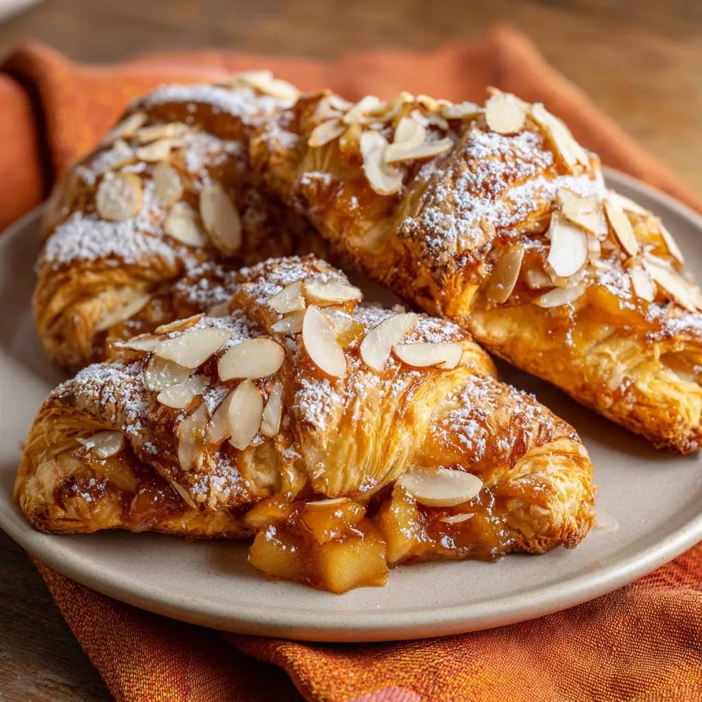 Flaky apple turnovers with a cross-section showing filling, topped with sliced almonds and powdered sugar.