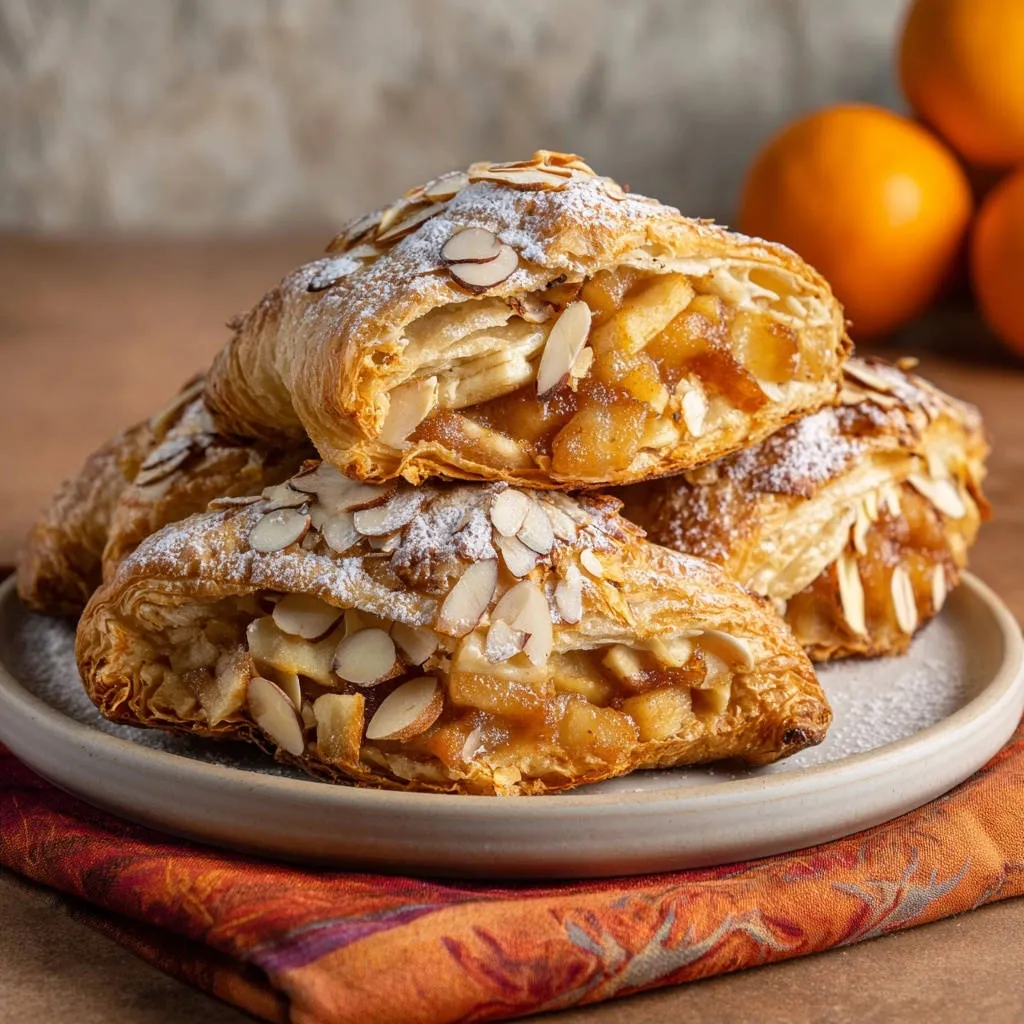 Flaky apple turnovers stacked on a plate, showing a close-up cross-section of the tender apple filling.