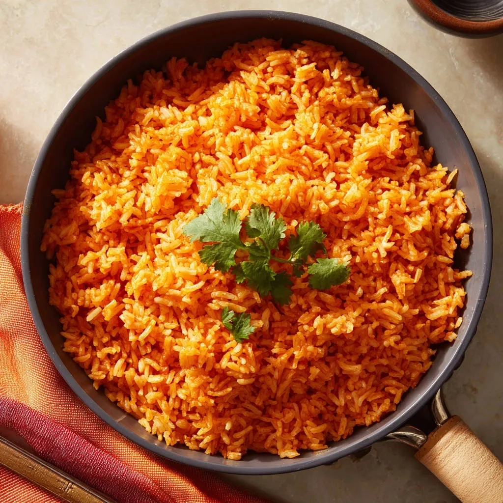 Authentic Mexican rice served in a bowl, garnished with fresh cilantro, viewed from directly above.