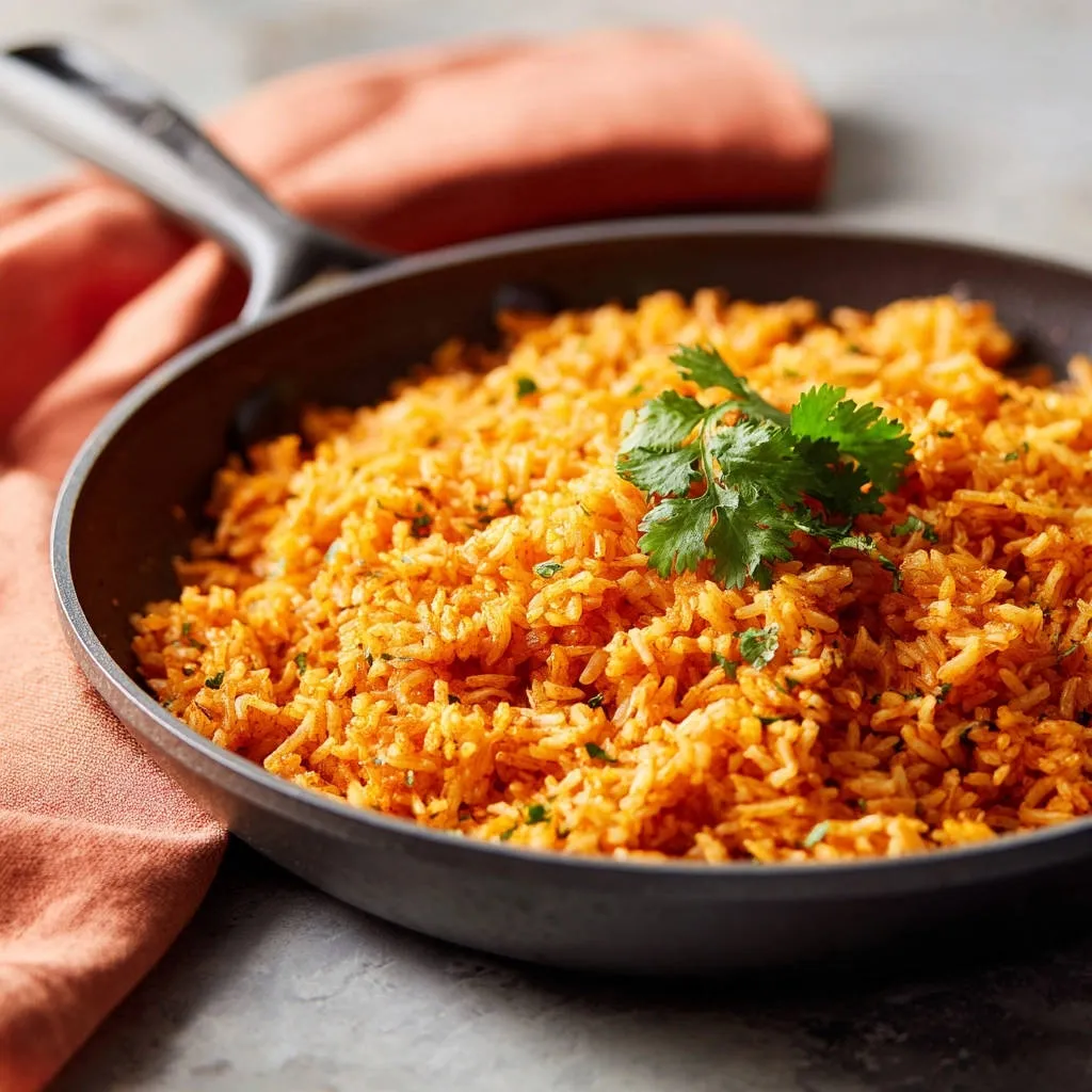 Authentic Mexican rice served in a skillet and garnished with fresh cilantro, showcasing fluffy texture.
