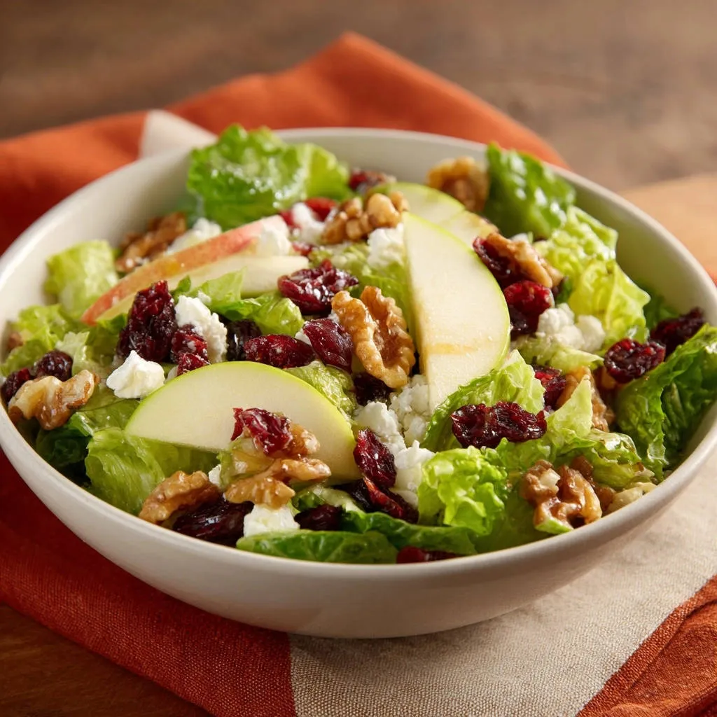 Autumn Harvest Salad served in a white bowl, showcasing lettuce, apples, cranberries, and walnuts in a close-up view.