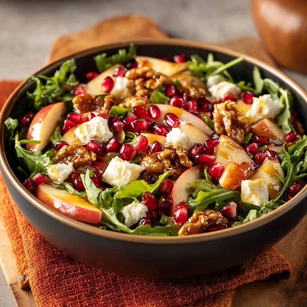 Autumn Harvest Salad with apples, walnuts, pomegranate seeds, and goat cheese in a close-up bowl view.