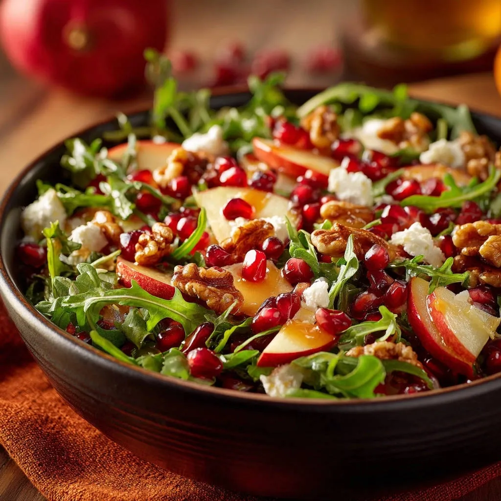 Autumn Harvest Salad with apples, walnuts, and pomegranate seeds served in a dark bowl, a vibrant close-up view.