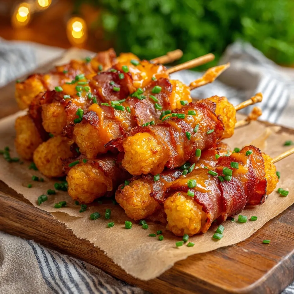 Crispy bacon-wrapped tater tot skewers are presented on a wooden board, generously garnished with fresh chives.