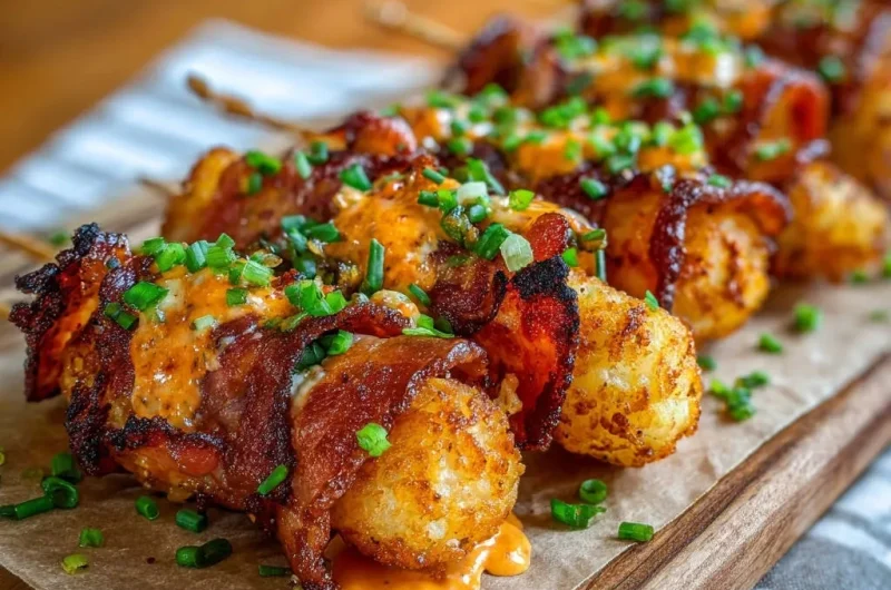 Crispy Bacon-Wrapped Tater Tot Skewers
