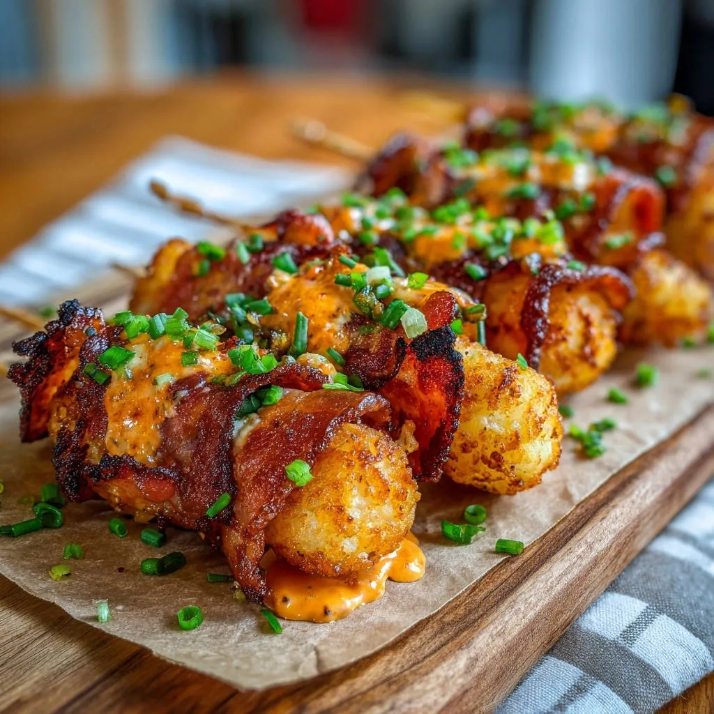 Crispy bacon-wrapped tater tot skewers drizzled with sauce and garnished with chives, shown in a close-up view.