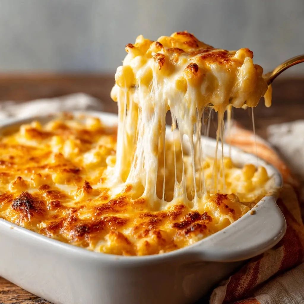 Baked mac and cheese with a spoonful lifting out, showing long, gooey cheese strings.