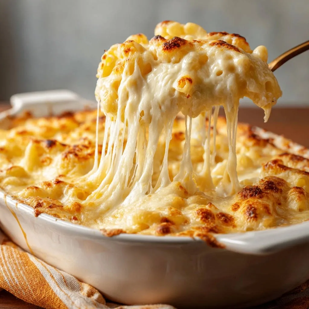 Baked mac and cheese with a dramatic gooey cheese pull captured as it is lifted from the dish.