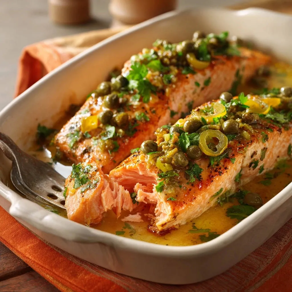 Baked salmon with caper-olive gremolata shown with a fork lifting a flaky slice from a white baking dish.