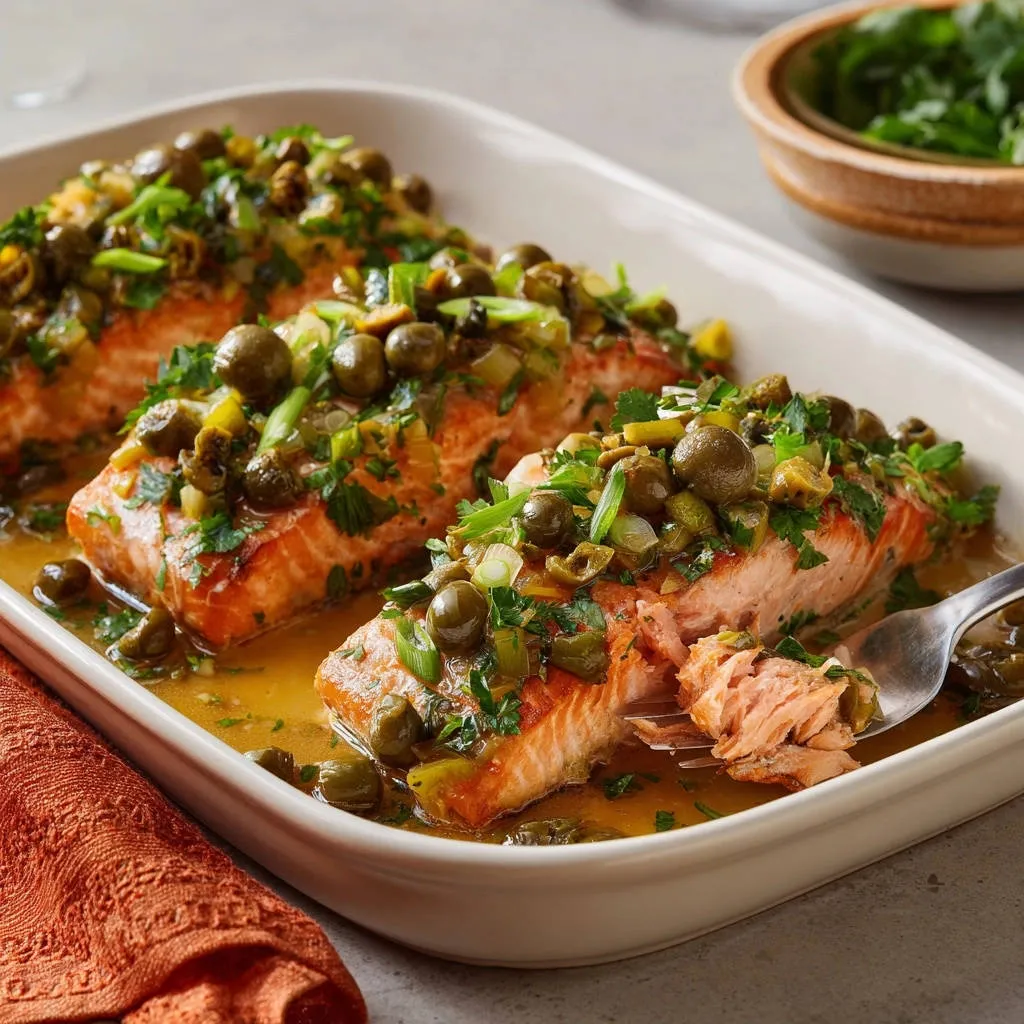 Baked salmon with caper-olive gremolata, with a fork lifting a flaky, moist slice from the dish.