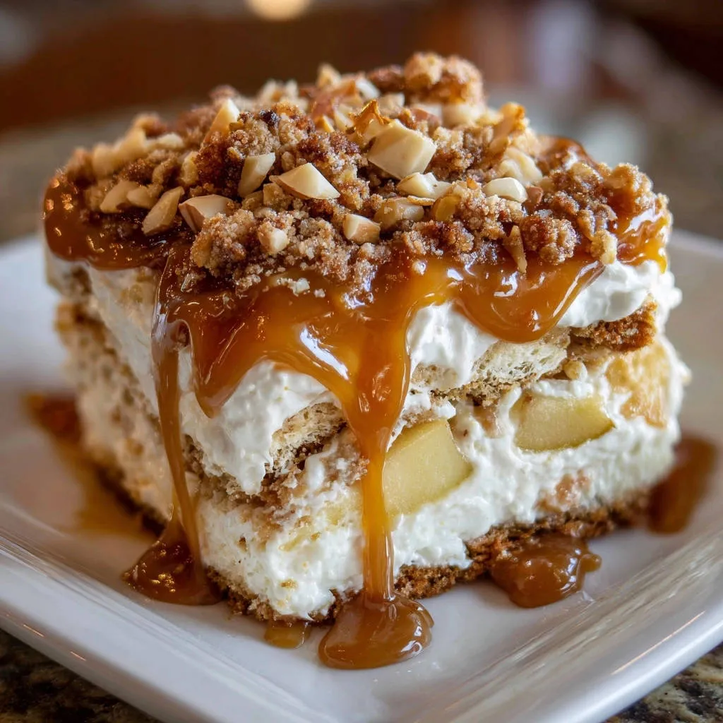 Easy Banana Caramel Icebox Cake cross-section showing creamy layers and dripping caramel glaze.