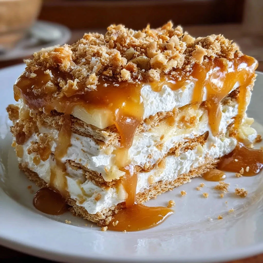 Easy Banana Caramel Icebox Cake cross-section with drippy caramel glaze and crumb topping.
