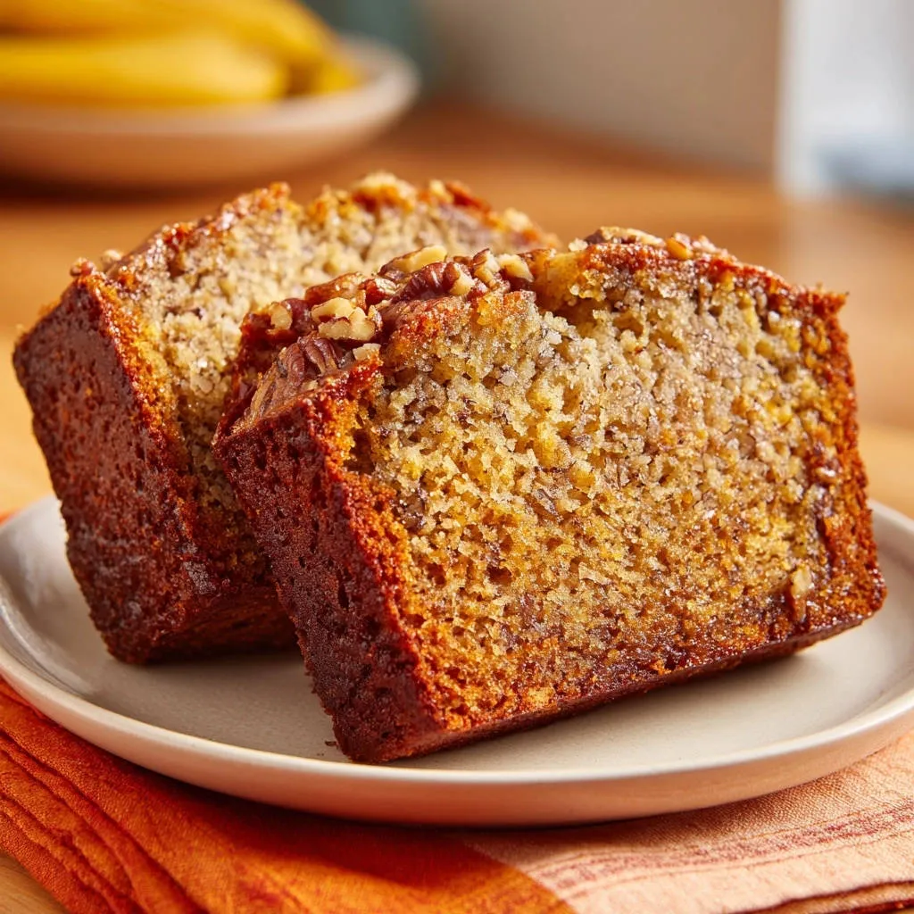 Classic banana nut bread showing two moist interior slices topped with chopped nuts on a plate.