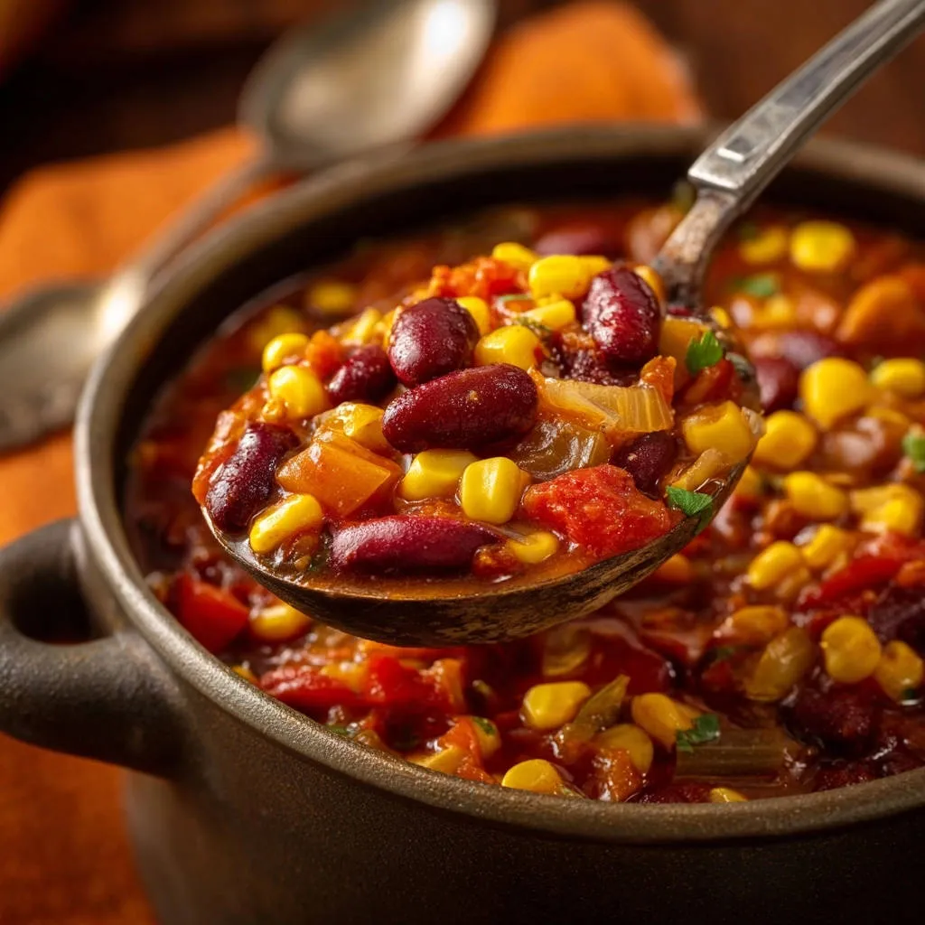 Hearty bean & corn chili shown in a ladle scoop, highlighting kidney beans, corn, and tomatoes.