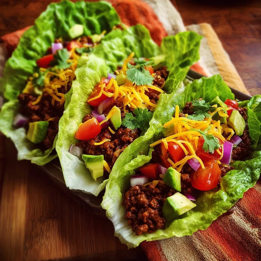 Flavorful beef lettuce wraps are shown close-up, generously garnished with avocado, tomatoes, and shredded cheese.