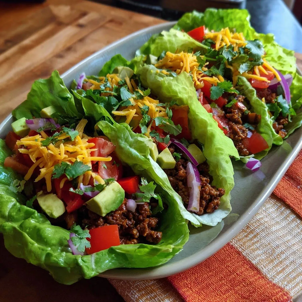 Flavorful beef lettuce wraps are topped with shredded cheese, fresh cilantro, diced tomatoes, and avocado.