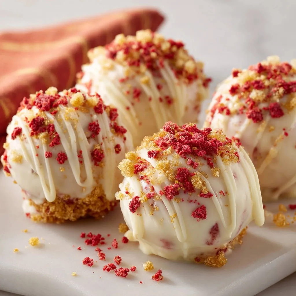 Berry cheesecake truffles drizzled with white chocolate and topped with red berry and cookie crumbs.