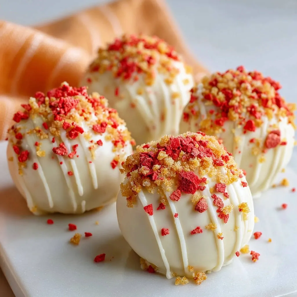 Berry cheesecake truffles topped with freeze-dried strawberries and crumbs, drizzled with white chocolate.