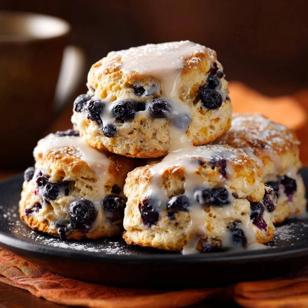 Blueberry biscuits with glaze stacked on a plate, showcasing a close-up view of the fluffy texture and bursting blueberries.