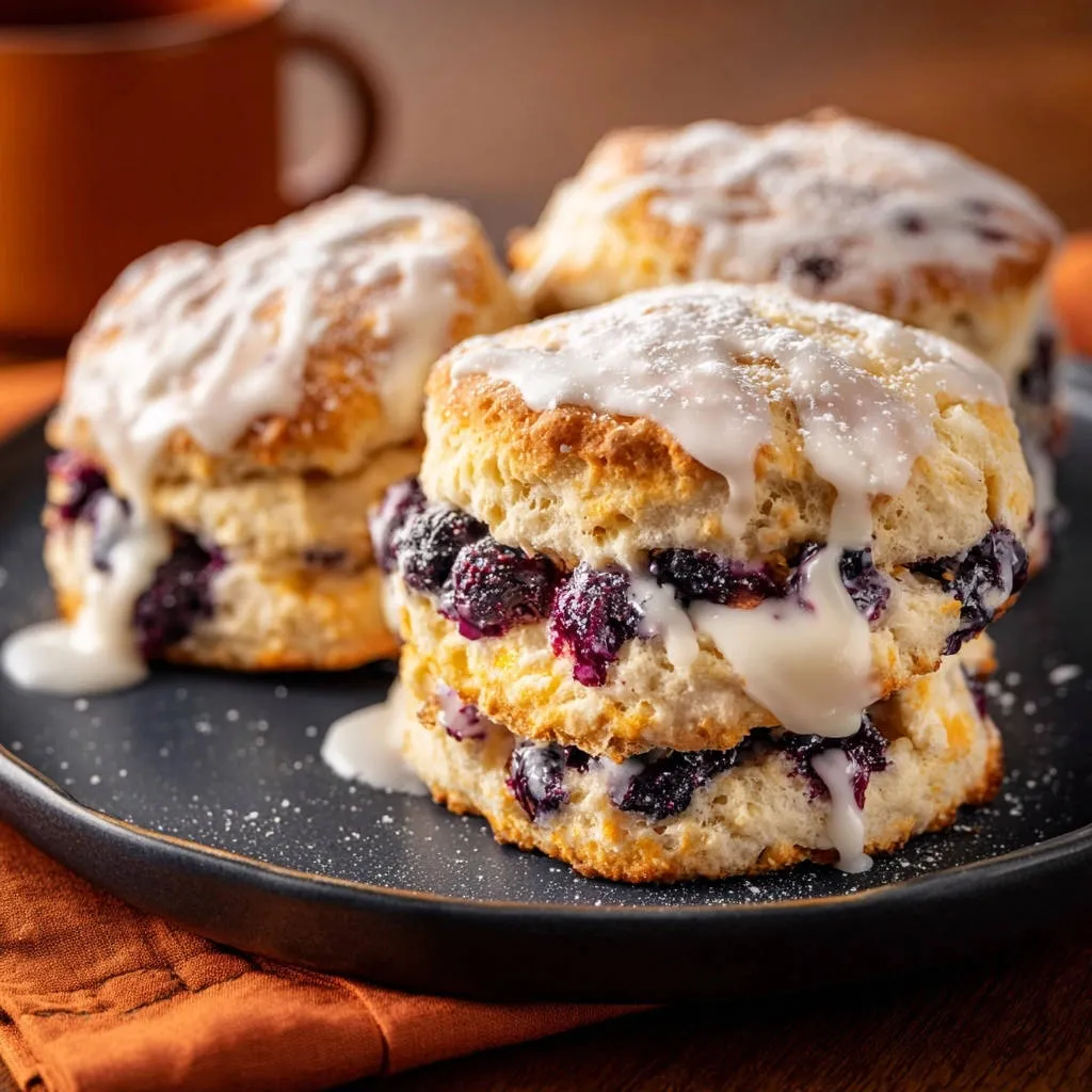 Blueberry biscuits with glaze stacked on a plate, showing a close-up view of the fluffy interior and sweet blueberry filling.