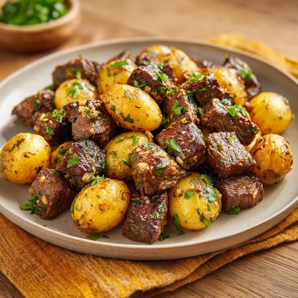 Braised beef and potato bites served on a plate, a close-up view showcasing the tender meat and golden potatoes.