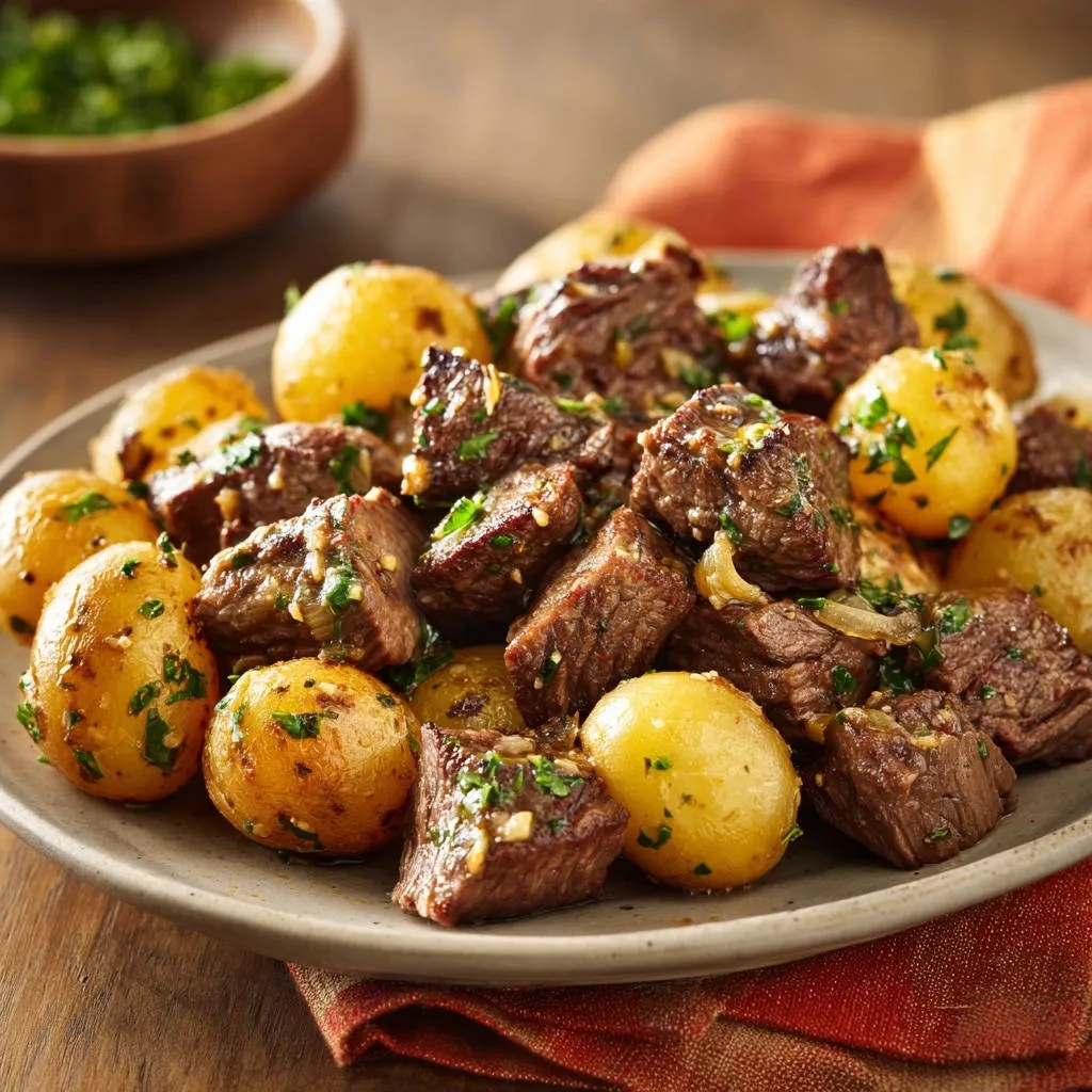 Braised beef and potato bites are served on a plate in a close-up view, garnished with fresh parsley.