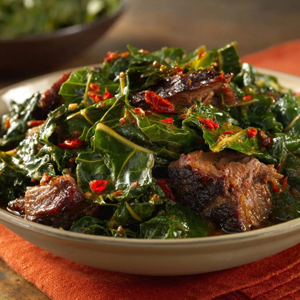 Savory braised collard greens with tender chunks of beef and red chili flakes in a rustic bowl.