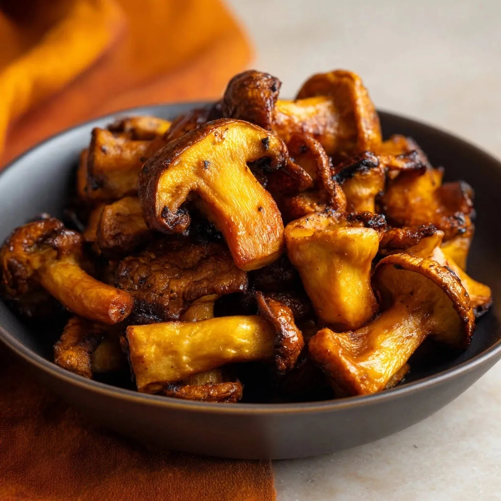 Browned garlic mushrooms piled high in a dark bowl, showcasing their golden-brown, slightly charred tops and thick stems.