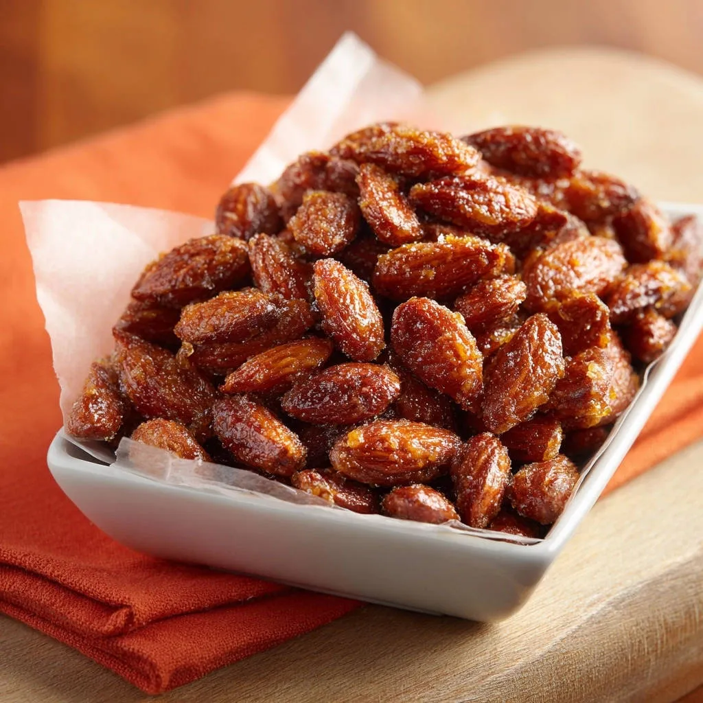 Candied almonds in a white bowl, showing the shiny glaze and textured surface up close.