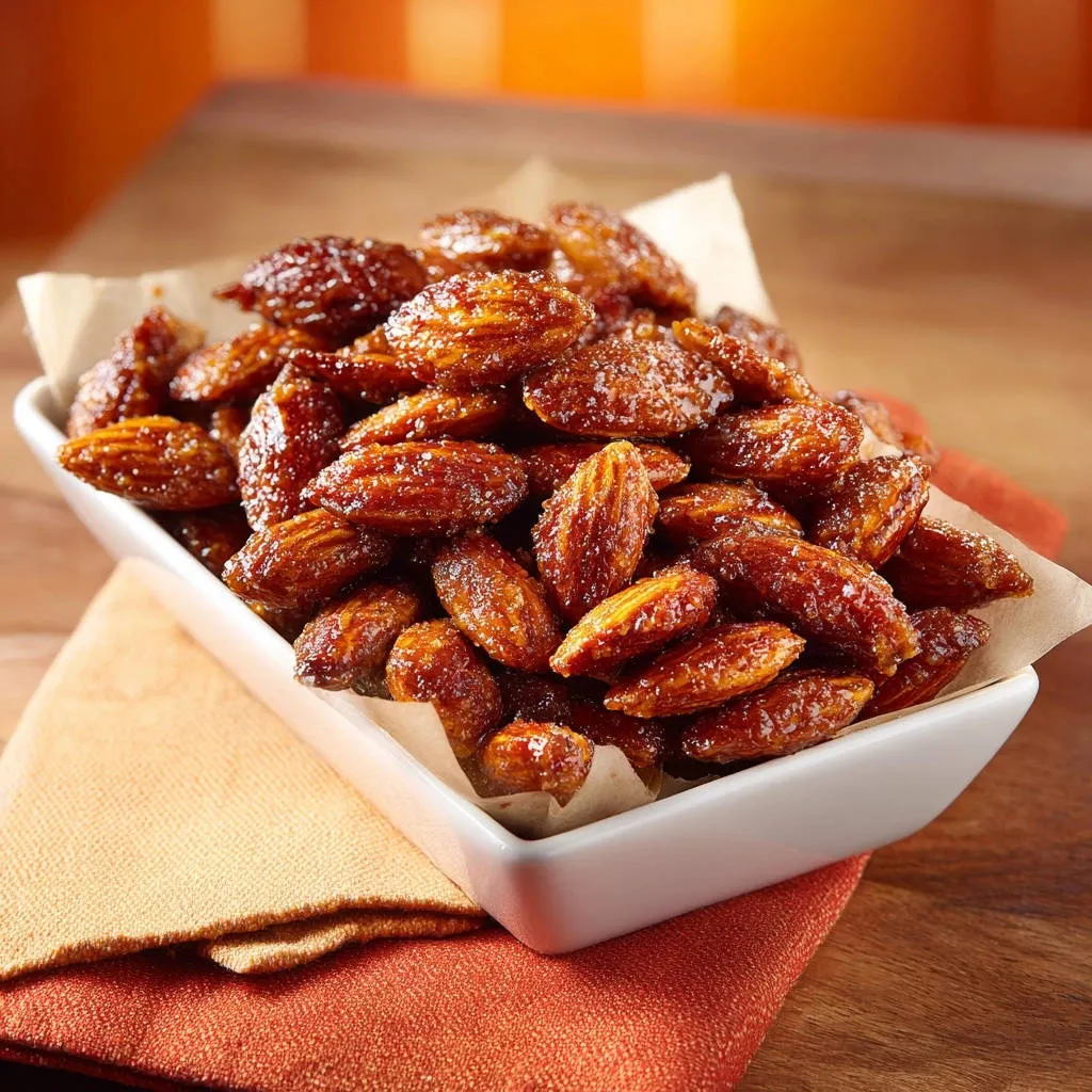 Candied almonds showing a close-up detail of their glossy, sugary glaze and textured surface.