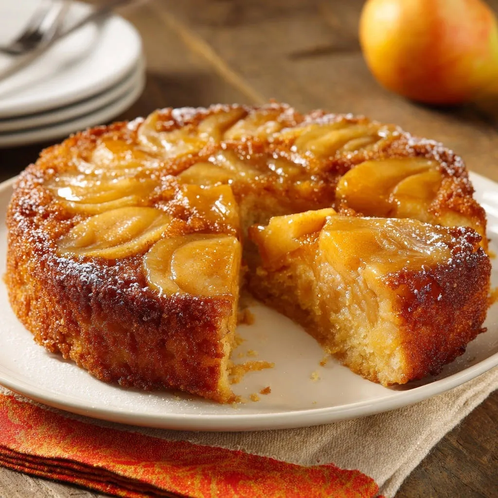 Caramel apple upside down cake slice cross-section showing the moist crumb and caramelized apple topping.