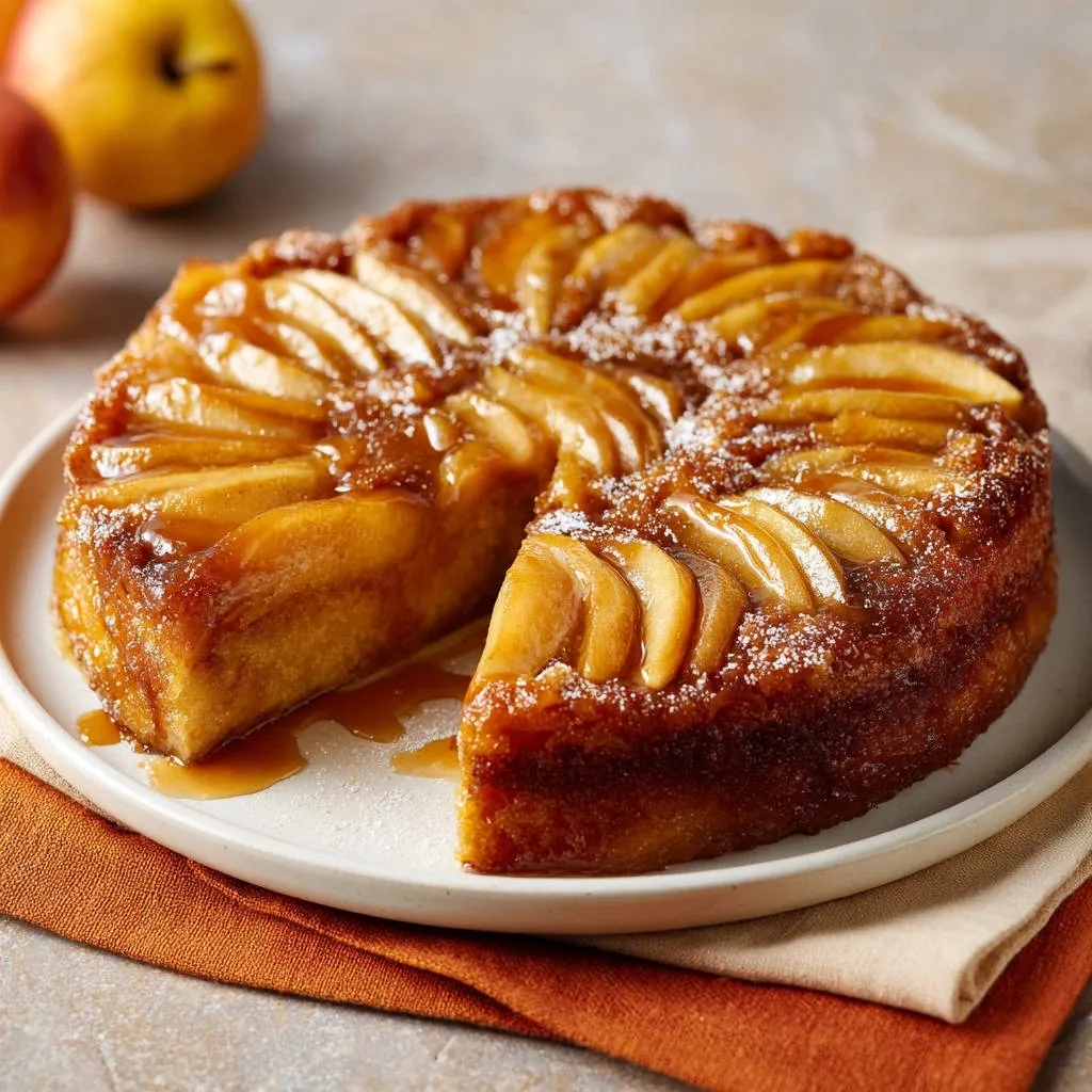 Caramel apple upside down cake sliced on a white plate, showing the moist interior and caramel glaze.
