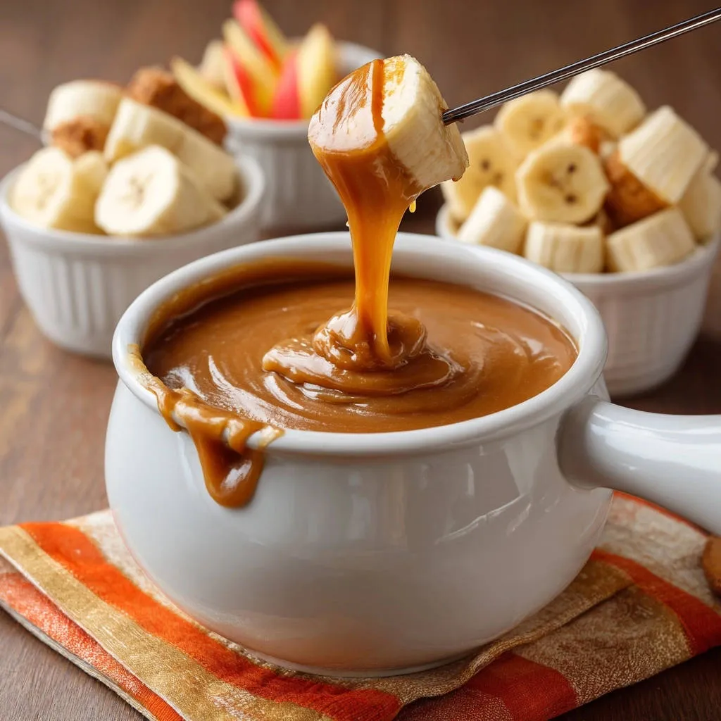 Silky smooth homemade caramel fondue with a banana being dipped on a fork.