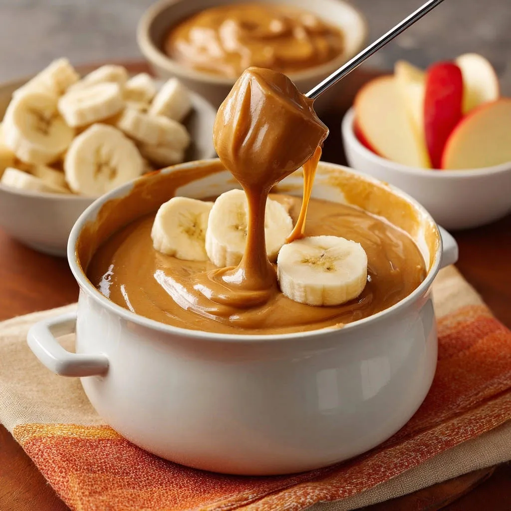 Silky smooth homemade caramel fondue with a spoonful dripping into the bowl, surrounded by banana slices.