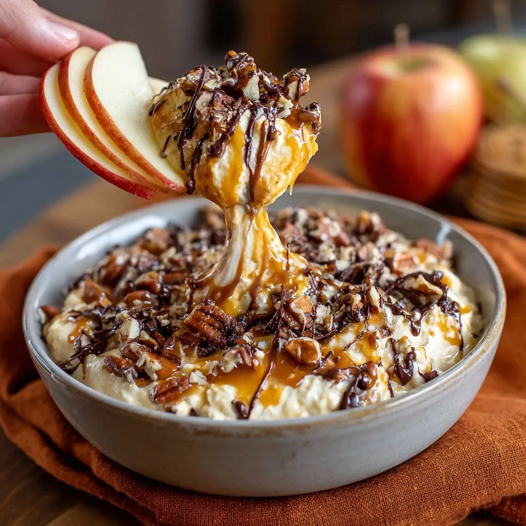Decadent Caramel Pecan Apple Dip being scooped with a slice of apple, showing its thick and creamy texture.