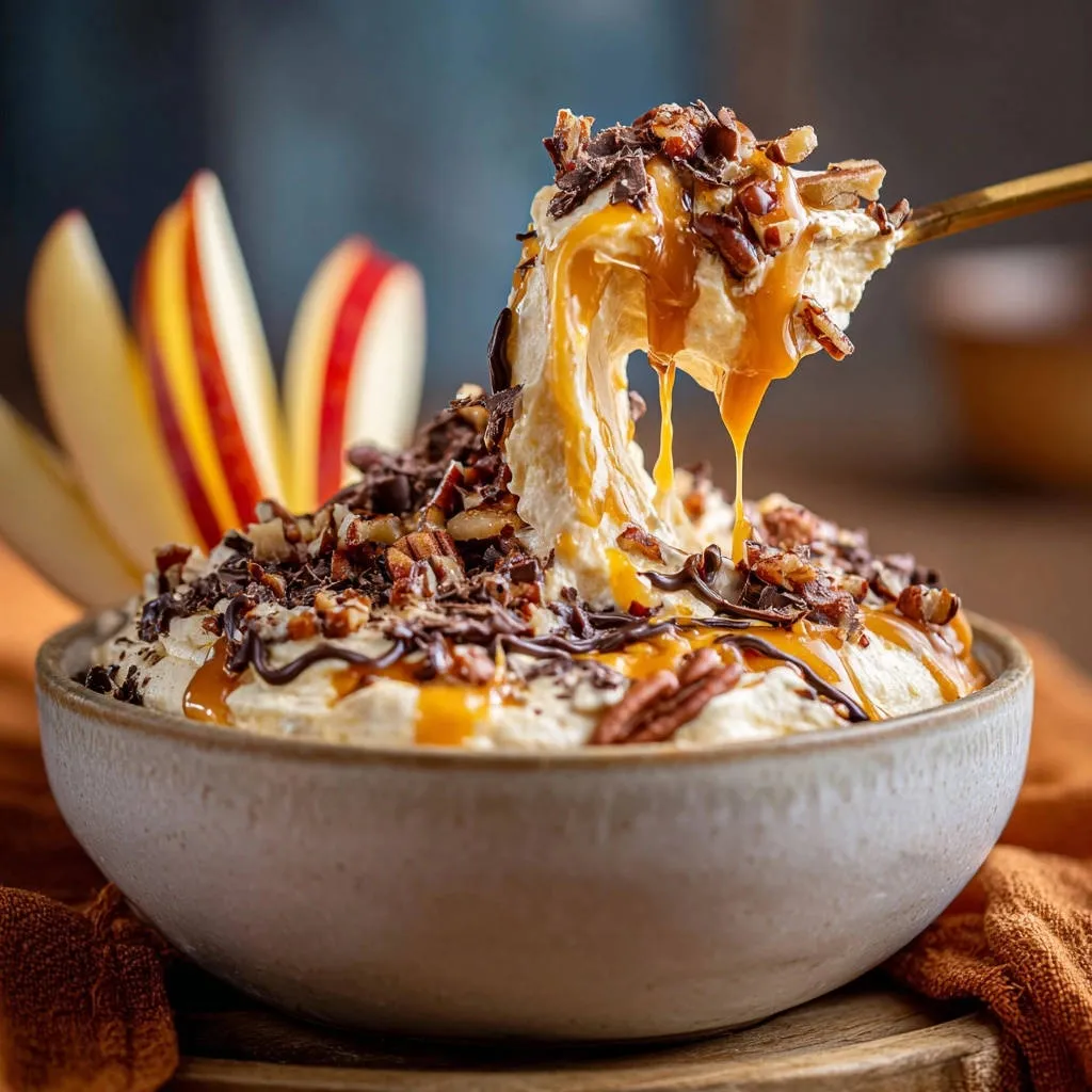 Decadent caramel pecan apple dip being scooped with a spoon, showing a thick creamy texture and caramel drips.