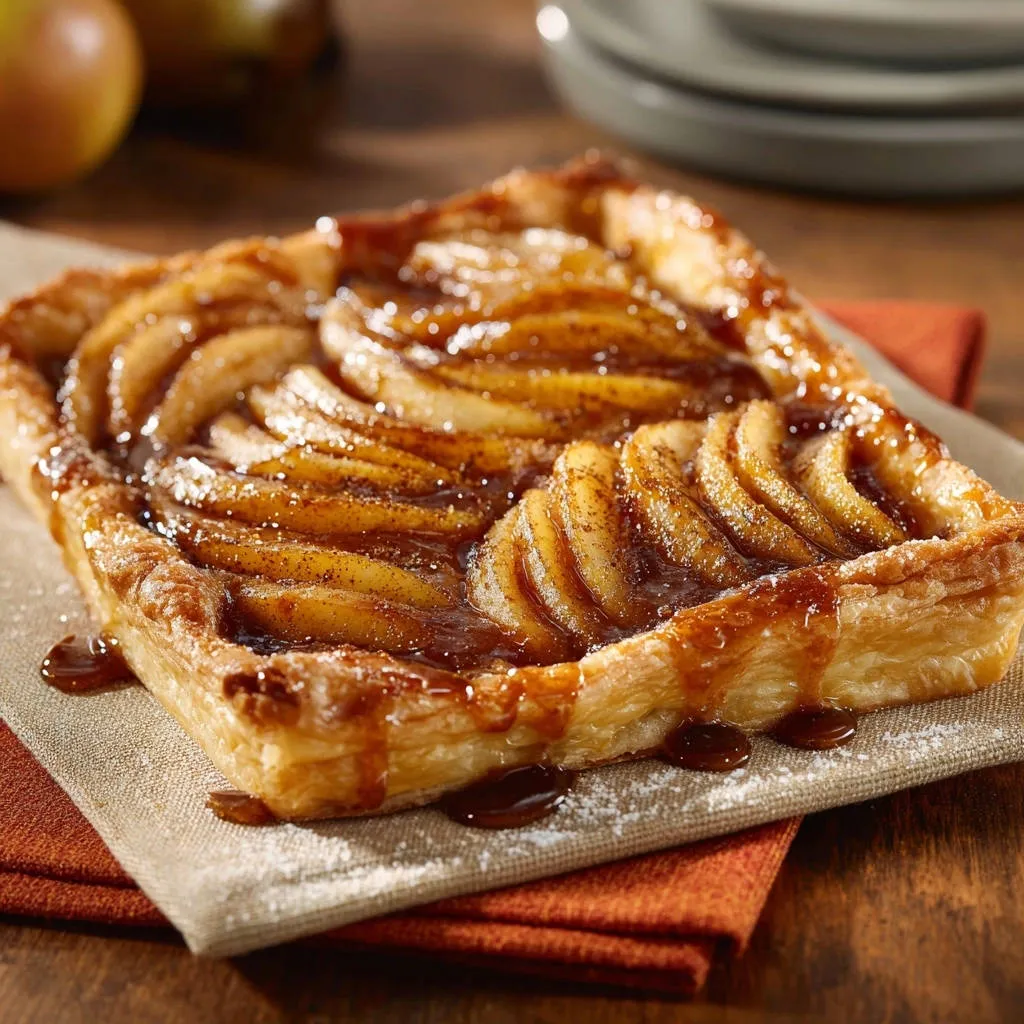 Caramelized apple puff pastry tart with a glossy caramel drizzle and a dusting of powdered sugar.