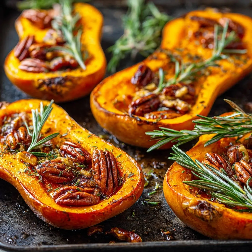 Caramelized butternut squash with pecans, baked halves with rosemary and pecans, presented in a close-up view on a baking sheet.