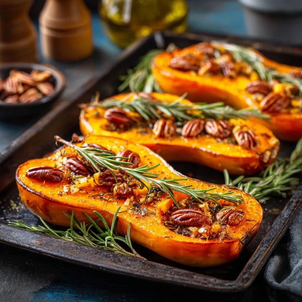 Caramelized butternut squash with pecans, a close-up view showing rosemary sprigs and roasted nuts.