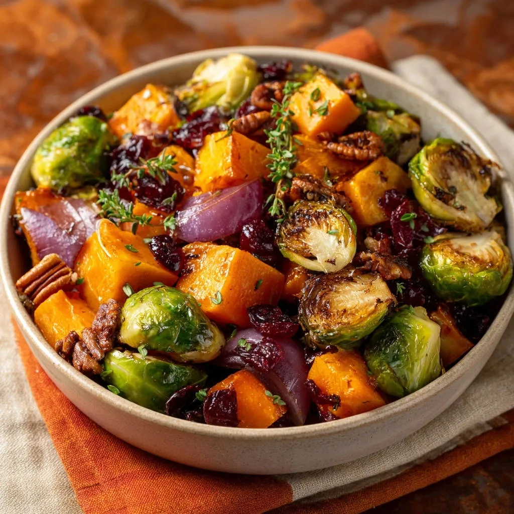Perfectly caramelized harvest veggies in a bowl, featuring roasted butternut squash, Brussels sprouts, red onion, cranberries, and pecans.