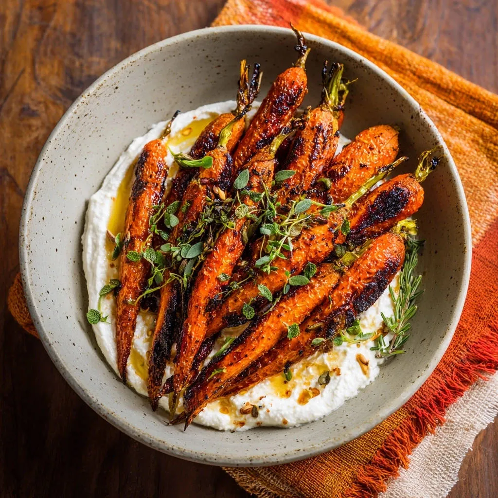 Deeply caramelized roasted carrots with creamy ricotta served in a rustic bowl, garnished with fresh herbs.
