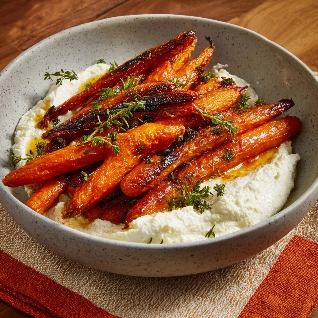 Deeply caramelized roasted carrots with creamy ricotta served in a rustic bowl, garnished with fresh thyme.